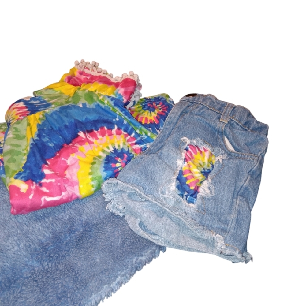 Colorful Tie-Dye Top and Distressed Denim Shorts